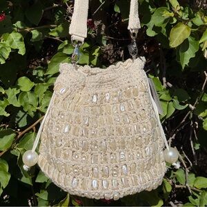 NWT Made in India Cream White Knit Crochet Pearl Beaded Bucket Shoulder Bag